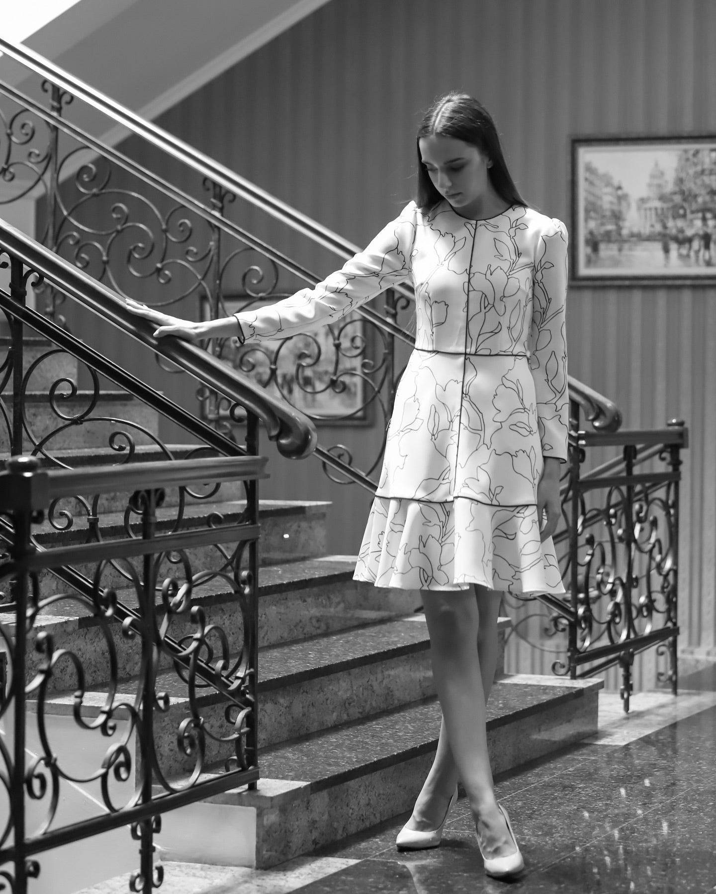 White midi dress with floral print