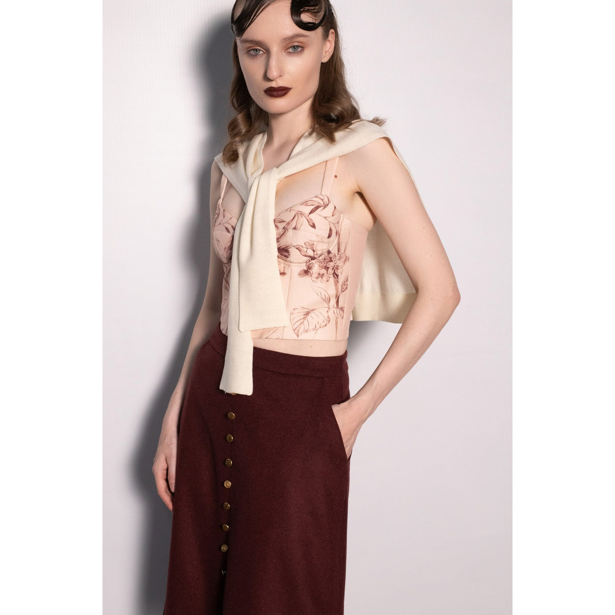 Burgundy Button-Front Midi Skirt