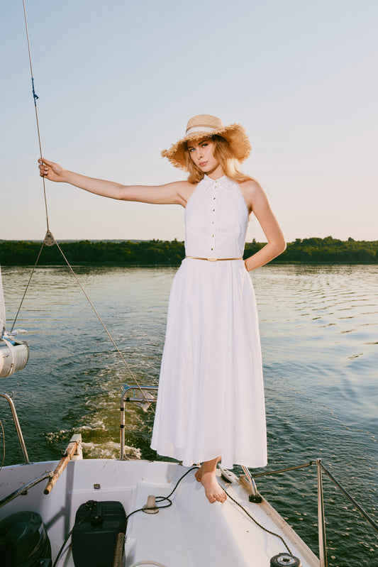 Vintage-Inspired Collared Halter Midi Dress with Gold Buttons