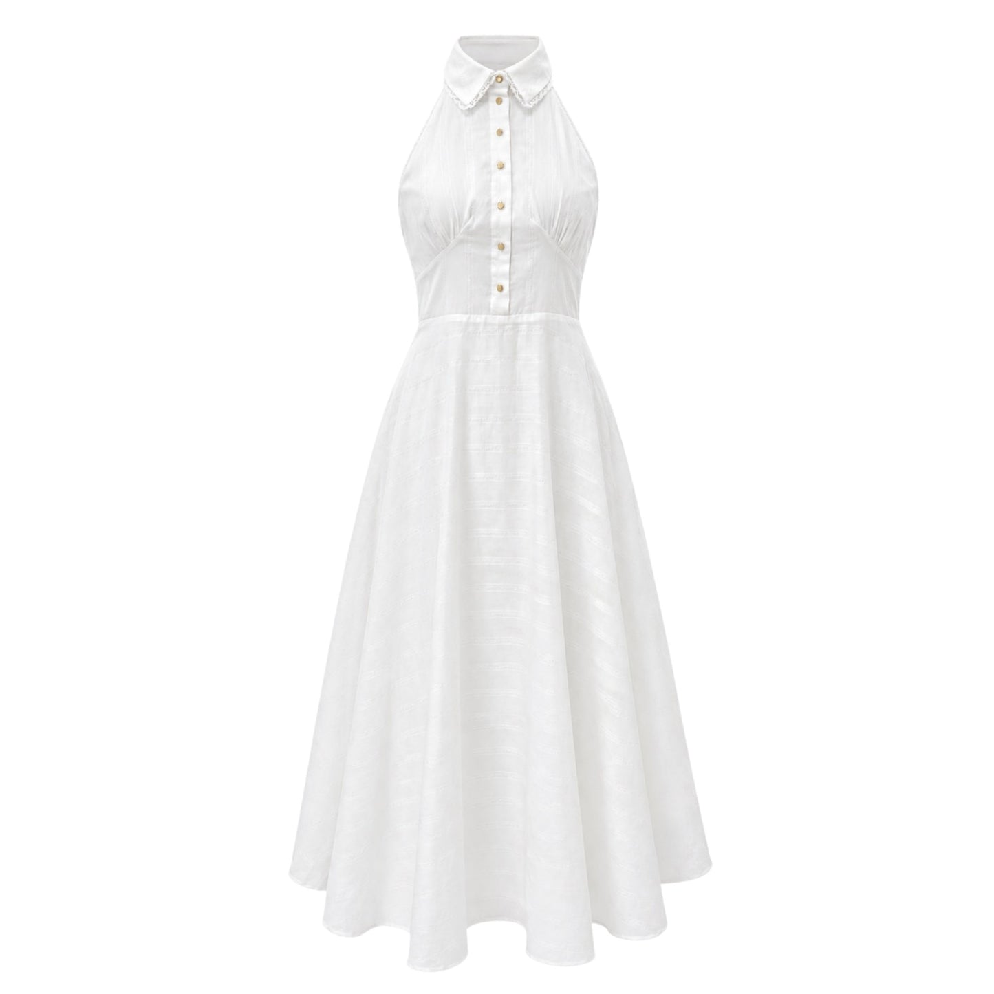 Vintage-Inspired Collared Halter Midi Dress with Gold Buttons