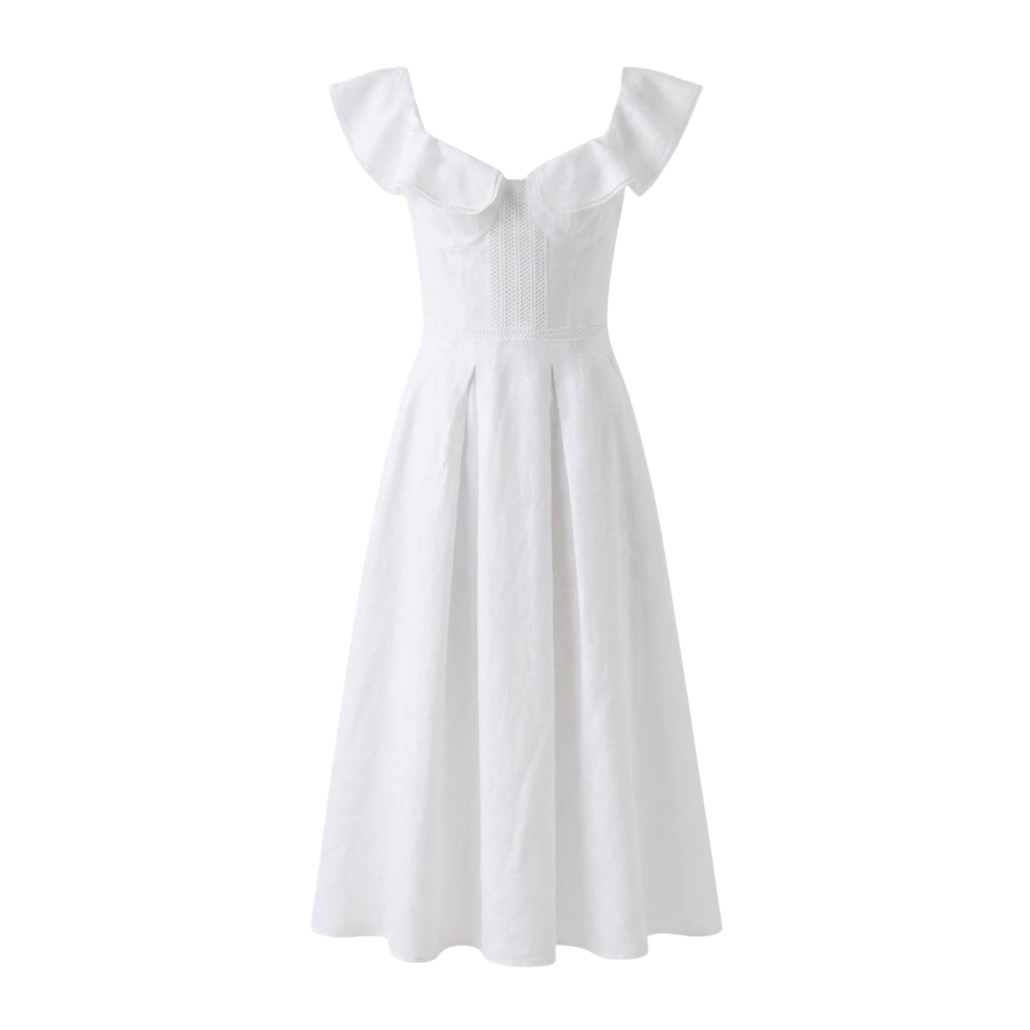 Elegant White Ruffled Sweetheart Midi Dress with Crochet Details