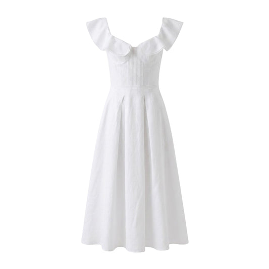 Elegant White Ruffled Sweetheart Midi Dress with Crochet Details