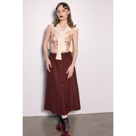Burgundy Button-Front Midi Skirt