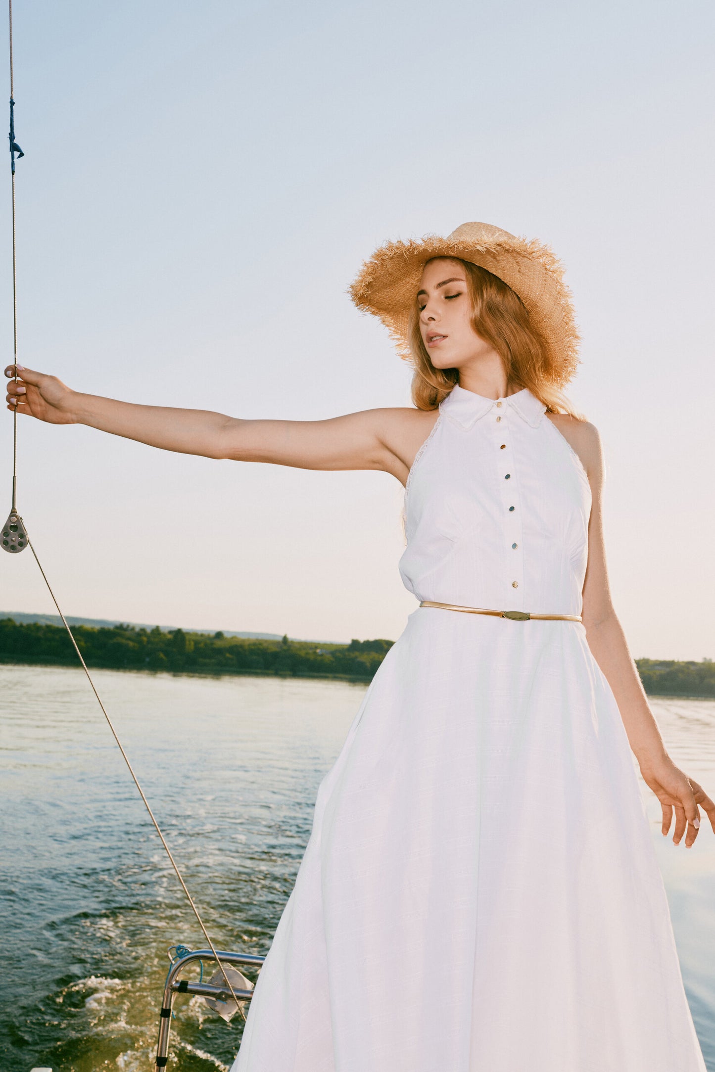 Vintage-Inspired Collared Halter Midi Dress with Gold Buttons
