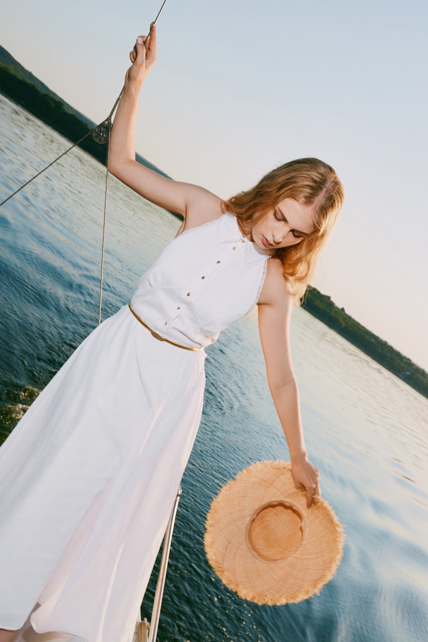 Vintage-Inspired Collared Halter Midi Dress with Gold Buttons