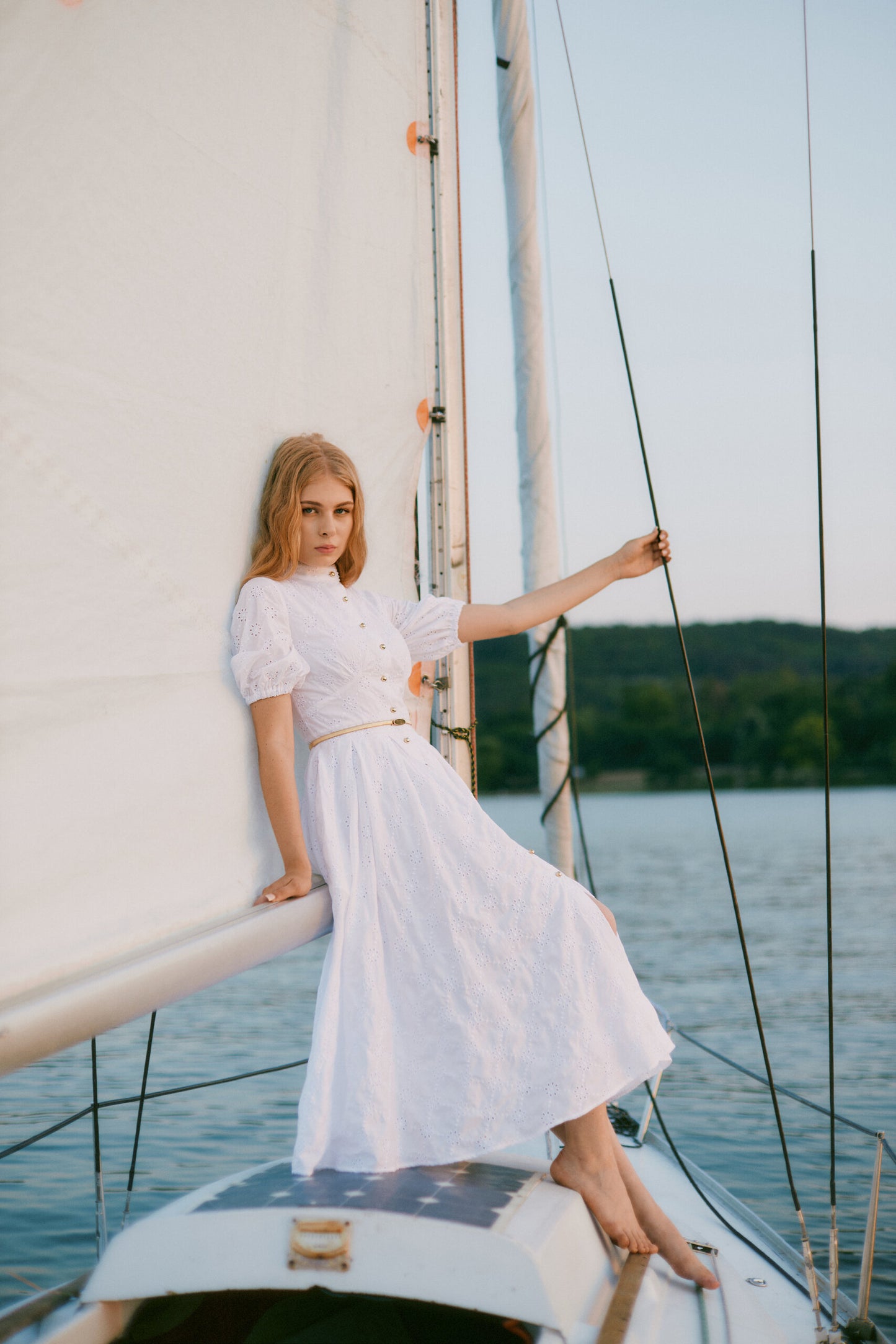 Lace Button-Down Midi Dress with Puff Sleeves