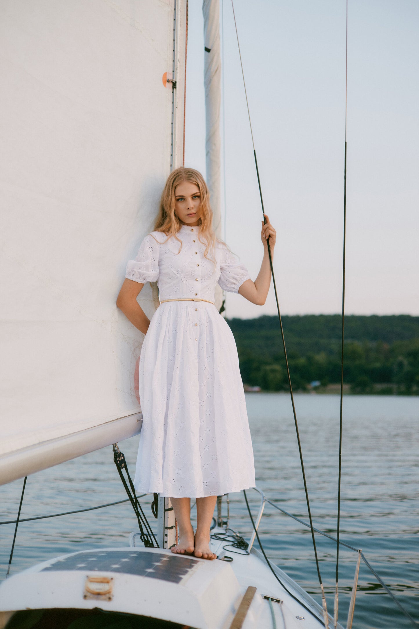 Lace Button-Down Midi Dress with Puff Sleeves