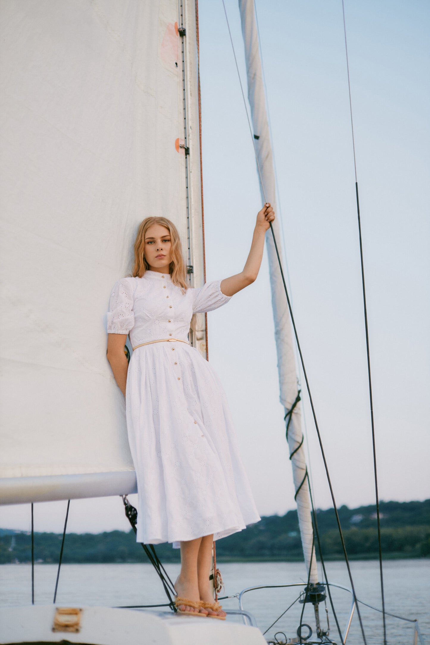 Lace Button-Down Midi Dress with Puff Sleeves