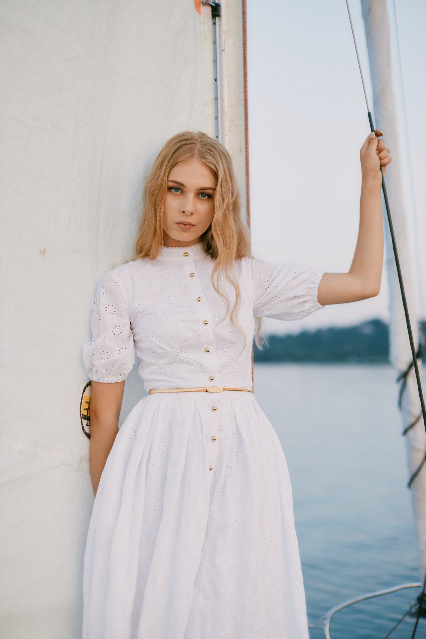 Lace Button-Down Midi Dress with Puff Sleeves