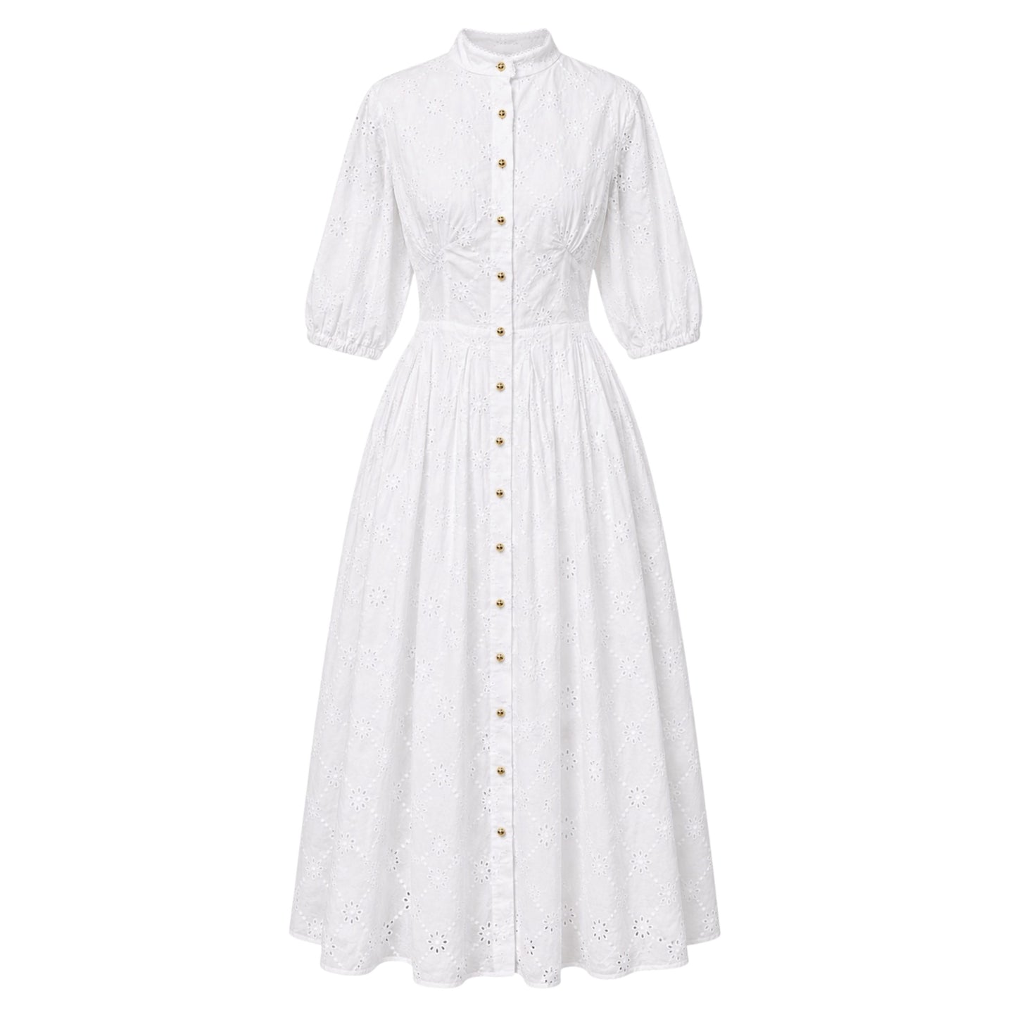 Lace Button-Down Midi Dress with Puff Sleeves