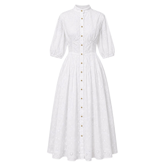 Lace Button-Down Midi Dress with Puff Sleeves